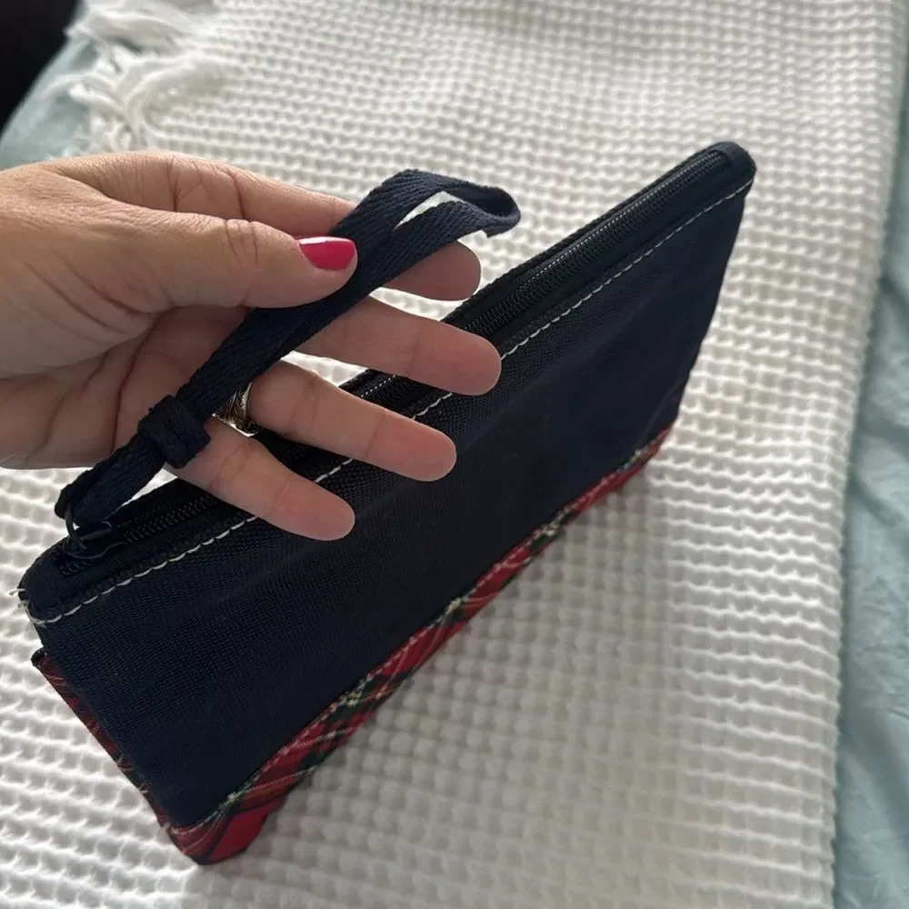 LN! *Lands End* Plaid Trim Classic Navy Red Plaid Clutch Travel Case